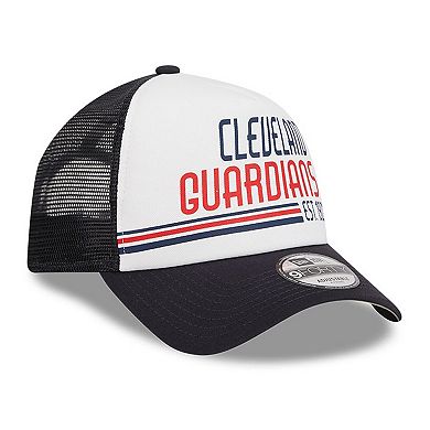 Men's New Era White/Navy Cleveland Guardians Stacked A-Frame Trucker 9FORTY Adjustable Hat