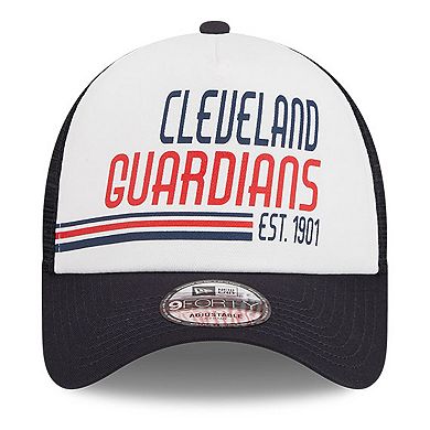 Men's New Era White/Navy Cleveland Guardians Stacked A-Frame Trucker 9FORTY Adjustable Hat