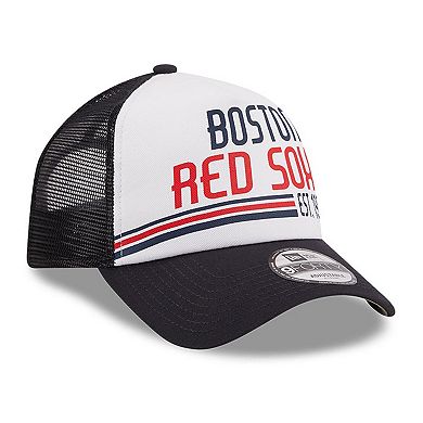 Men's New Era White/Navy Boston Red Sox Stacked A-Frame Trucker 9FORTY Adjustable Hat
