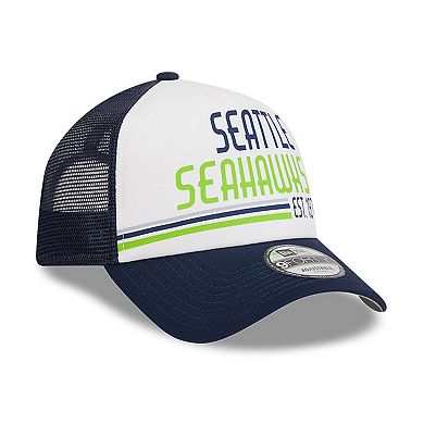 Men's New Era White/College Navy Seattle Seahawks Stacked A-Frame Trucker 9FORTY Adjustable Hat