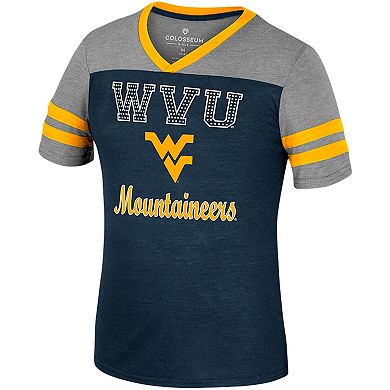 Girls Youth Colosseum Navy/Heather Gray West Virginia Mountaineers Summer Striped V-Neck T-Shirt