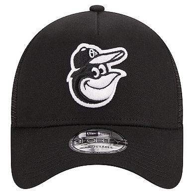 Men's New Era Black Baltimore Orioles A-Frame 9FORTY Trucker Adjustable Hat