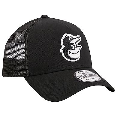 Men's New Era Black Baltimore Orioles A-Frame 9FORTY Trucker Adjustable Hat