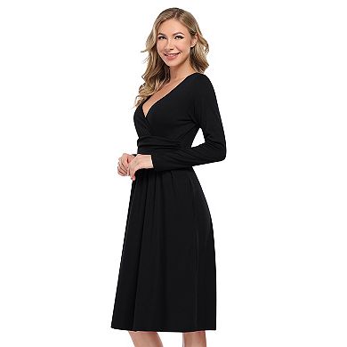 Women's Spring Casual Long Sleeve Empire Waist Dress Ruched V-neck Party Dresses With Pockets