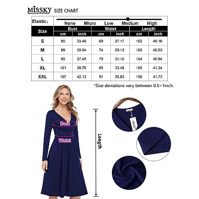 Women's Spring Casual Long Sleeve Empire Waist Dress Ruched V-neck Party  Dresses With Pockets