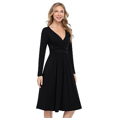 Women's Spring Casual Long Sleeve Empire Waist Dress Ruched V-neck Party Dresses With Pockets