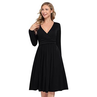Women's Spring Casual Long Sleeve Empire Waist Dress Ruched V-neck Party Dresses With Pockets