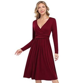 Women's Spring Casual Long Sleeve Empire Waist Dress Ruched V-neck Party Dresses With Pockets