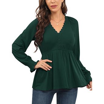 Women’s Lace V Neck Tunic Tops Lantern Short Sleeve Pleated Swiss Dot Blouse Smocked Flowy Shirt