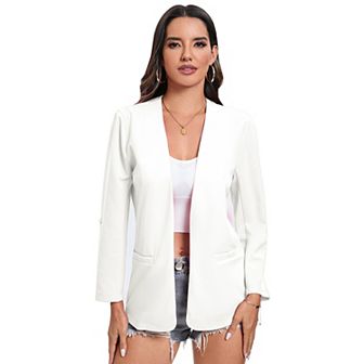 Womens Business Blazer Jacket Long Sleeve Collarless Open Front Cardigan Work Shrug with Pockets