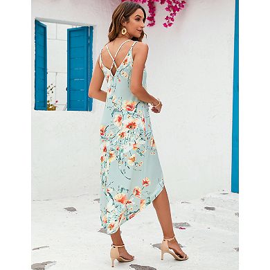 Women's Adjustable V Neck Wrap Dress With Irregular Hemline Sleeveless Spaghetti Strap Midi Dress