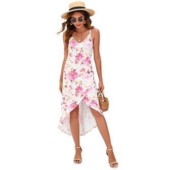 Women's Adjustable V Neck Wrap Dress With Irregular Hemline Sleeveless Spaghetti Strap Midi Dress