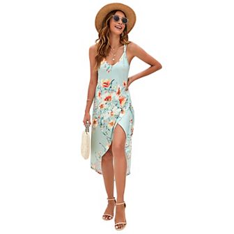 Women's Adjustable V Neck Wrap Dress With Irregular Hemline Sleeveless Spaghetti Strap Midi Dress