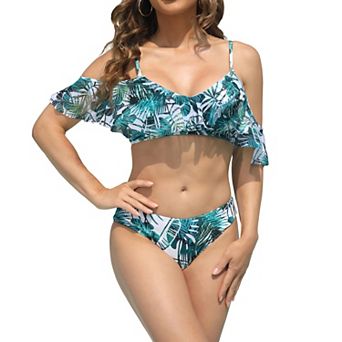Women's High Waisted Swimsuits Two Piece Bathing Suits Ruffled Top With Ruched Full Coverage Bottom