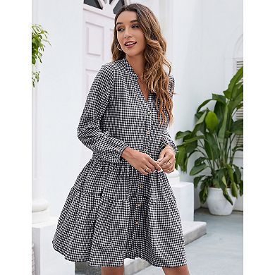 Women's Casual Plaid Dress Long Sleeve V Neck Button Down Ruffle Swing Pleated Short Mini Dress