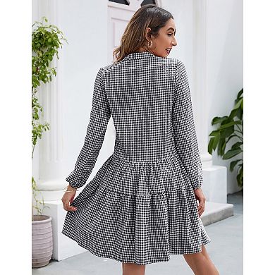 Women's Casual Plaid Dress Long Sleeve V Neck Button Down Ruffle Swing Pleated Short Mini Dress