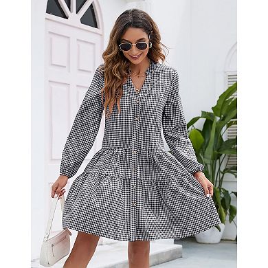 Women's Casual Plaid Dress Long Sleeve V Neck Button Down Ruffle Swing Pleated Short Mini Dress