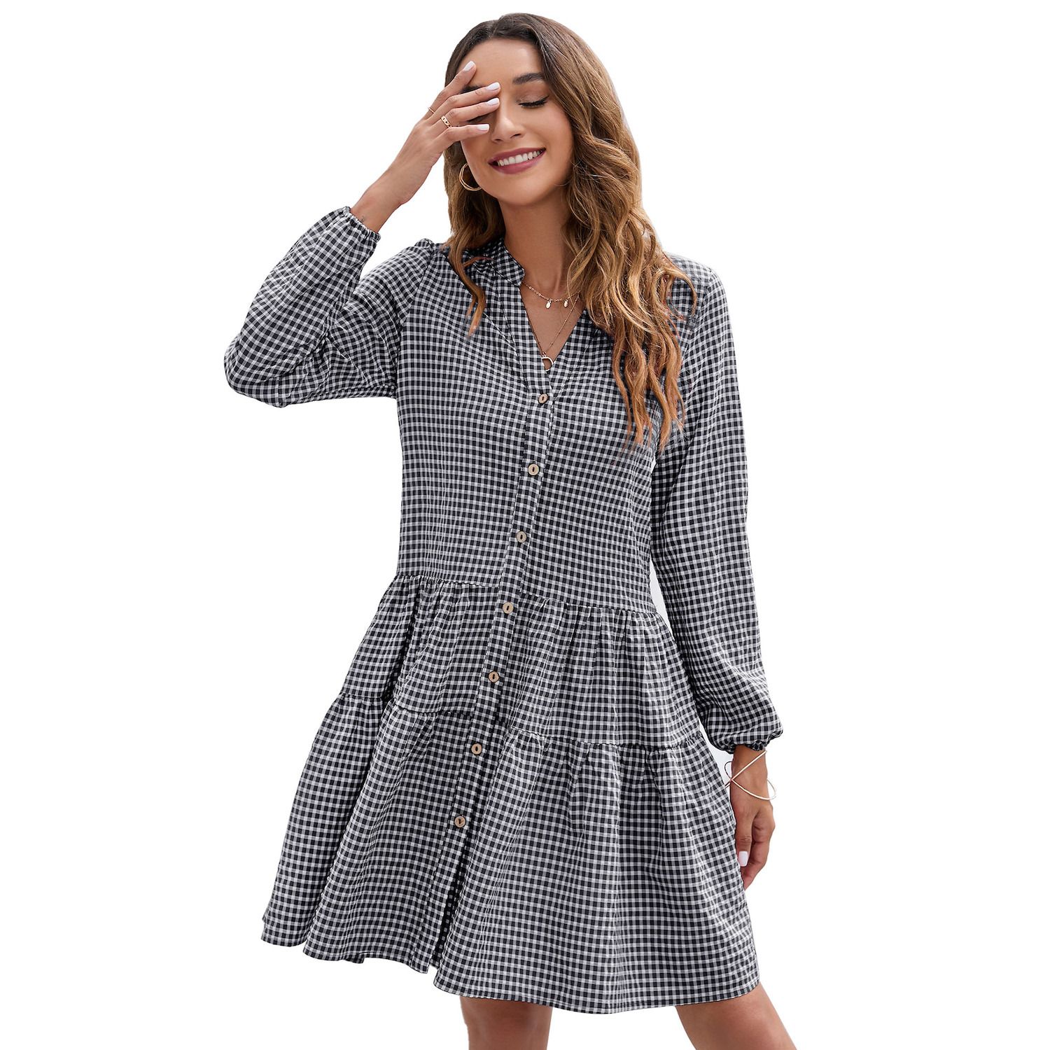 Женские платья Casual Plaid Dress Long Sleeve V Neck Button Down Ruffle Swing Pleated Short Mini Dress