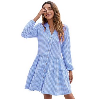 Women's Casual Plaid Dress Long Sleeve V Neck Button Down Ruffle Swing Pleated Short Mini Dress