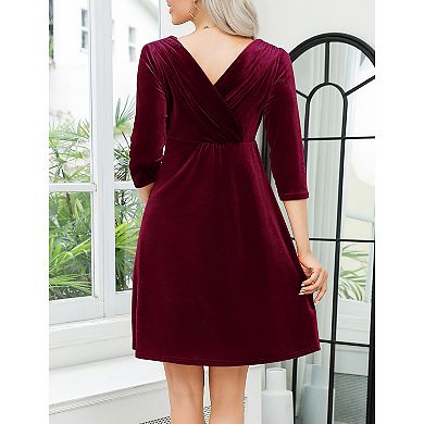 Women's Velvet Retro V-Neck A-Line Cute Maternity Dress Holiday Evening Wedding Guest Dress