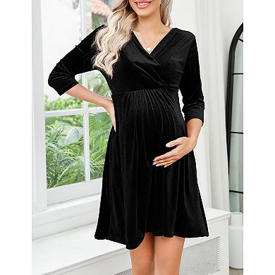 Women's Velvet Retro V-Neck A-Line Cute Maternity Dress Holiday Evening Wedding Guest Dress