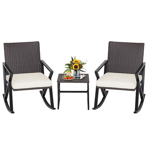 3 Piece Patio Wicker Rocking Chairs Set with HeavyDuty Metal Frame