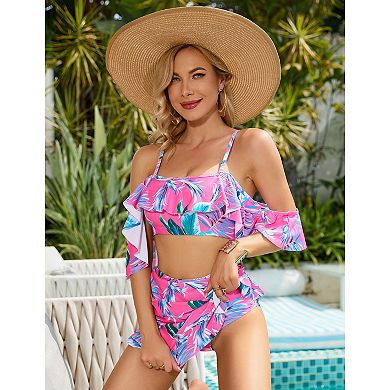 Women Two Piece High Waisted Swimsuit Tummy Control Ruffle Flounce Bikini Set Off Shoulder Swimwear