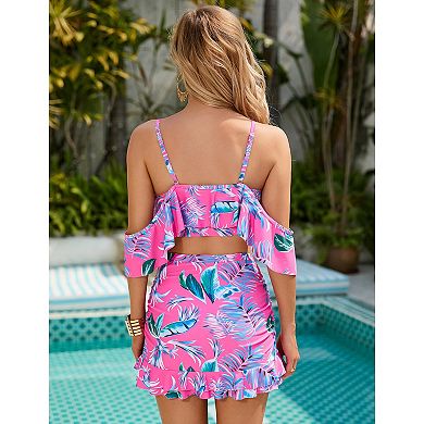 Women Two Piece High Waisted Swimsuit Tummy Control Ruffle Flounce Bikini Set Off Shoulder Swimwear