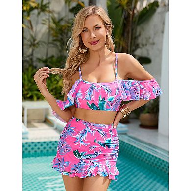 Women Two Piece High Waisted Swimsuit Tummy Control Ruffle Flounce Bikini Set Off Shoulder Swimwear