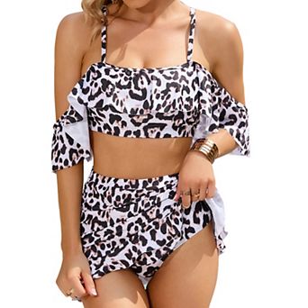 Women Two Piece High Waisted Swimsuit Tummy Control Ruffle Flounce Bikini Set Off Shoulder Swimwear