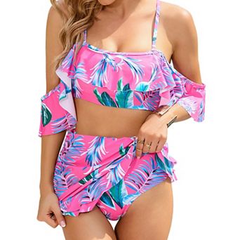 Women Two Piece High Waisted Swimsuit Tummy Control Ruffle Flounce Bikini Set Off Shoulder Swimwear