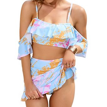 Women Two Piece High Waisted Swimsuit Tummy Control Ruffle Flounce Bikini Set Off Shoulder Swimwear