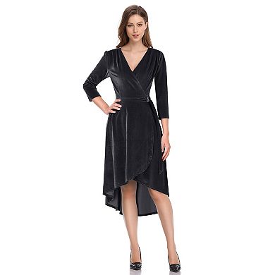 Women's Velvet Long-Sleeved Dress, Formal Cocktail Party Dress with V-Neck and Gray