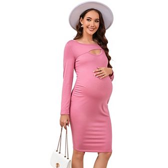 Maternity Sweater Dress Long Sleeve Crew Neck A-Line Swing Knit Sweater Midi Dresses