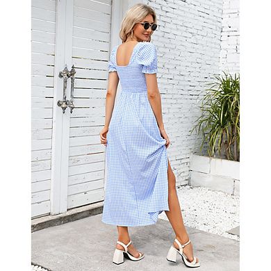 Women's Summer Dress Square Neck Short Sleeve Ruffle Smocked Beach A Line Maxi Dress Blue