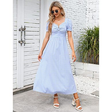 Women's Summer Dress Square Neck Short Sleeve Ruffle Smocked Beach A Line Maxi Dress Blue