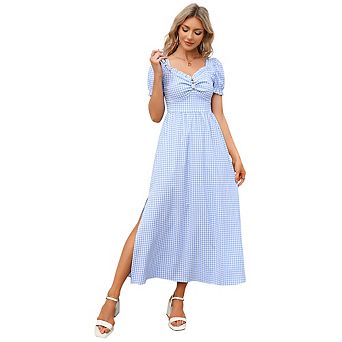 Women's Summer Dress Square Neck Short Sleeve Ruffle Smocked Beach A Line Maxi Dress Blue