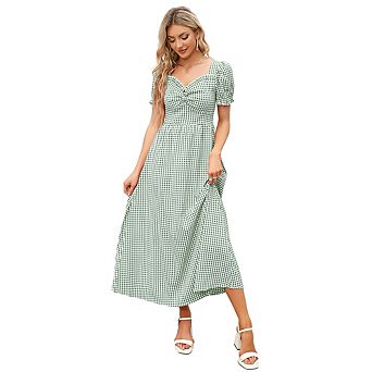 Women's Summer Dress Square Neck Short Sleeve Ruffle Smocked Beach A Line Maxi Dress Blue