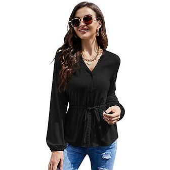 Womens Casual Button Down Peplum Tunic Tops V Neck Long Sleeve Henley Blouse Dressy