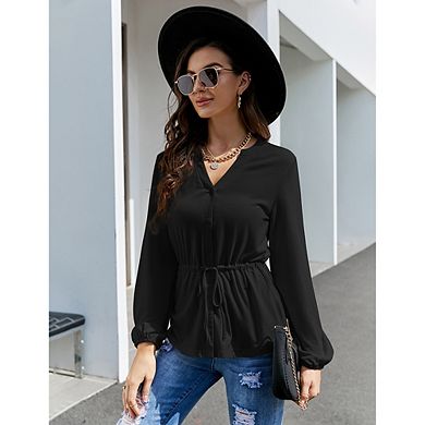 Womens Casual Button Down Peplum Tunic Tops V Neck Long Sleeve Henley ...