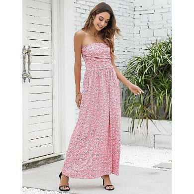 Women Slim Fit Pleated Tube Dresses Strapless Wrapped Waist Flower Maxi Dress