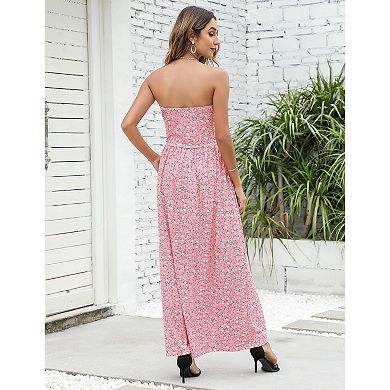 Women Slim Fit Pleated Tube Dresses Strapless Wrapped Waist Flower Maxi Dress