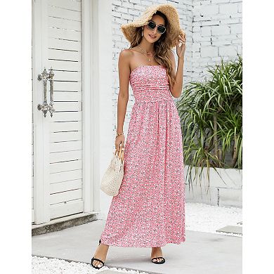 Women Slim Fit Pleated Tube Dresses Strapless Wrapped Waist Flower Maxi Dress