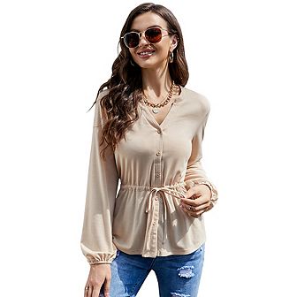 Womens Casual Button Down Peplum Tunic Tops V Neck Long Sleeve Henley Blouse Dressy