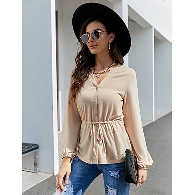 Womens Casual Button Down Peplum Tunic Tops V Neck Long Sleeve Henley Blouse Dressy