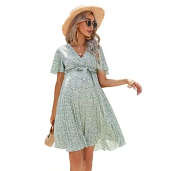 Women's Maternity Pleated Short Sleeve Wrap V Neck Summer Midi Dress Casual Nursing Dress