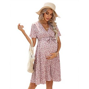 Women's Maternity Pleated Short Sleeve Wrap V Neck Summer Midi Dress Casual Nursing Dress