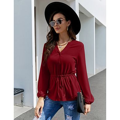 Womens Casual Button Down Peplum Tunic Tops V Neck Long Sleeve Henley Blouse Dressy