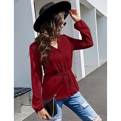 Womens Casual Button Down Peplum Tunic Tops V Neck Long Sleeve Henley Blouse Dressy