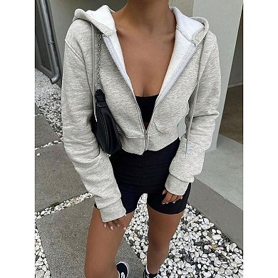 Women's Zip up Cropped Hoodies Fall Drawstring Full Zip Short Crop Sweatshirt Jacket Y2k Clothes
